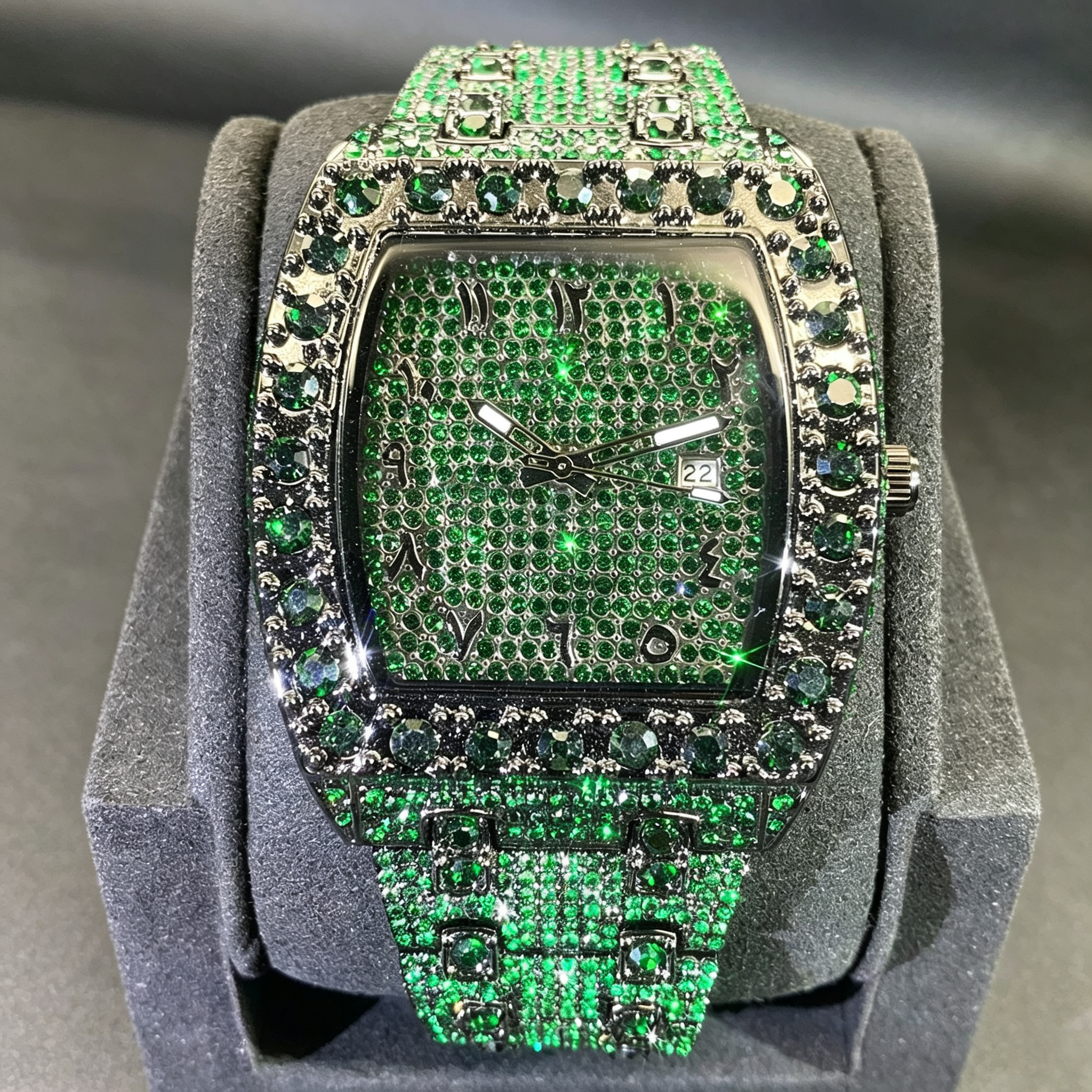 Green Moissanite and Full Rhinestone Barrel-Shaped Watch
