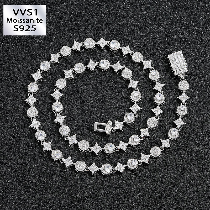 8mm Moissanite Four-Pointed Star & Round Link Bracelet Chain