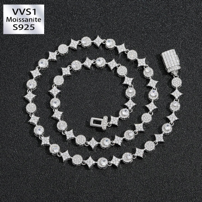 8mm Moissanite Four-Pointed Star & Round Link Bracelet Chain