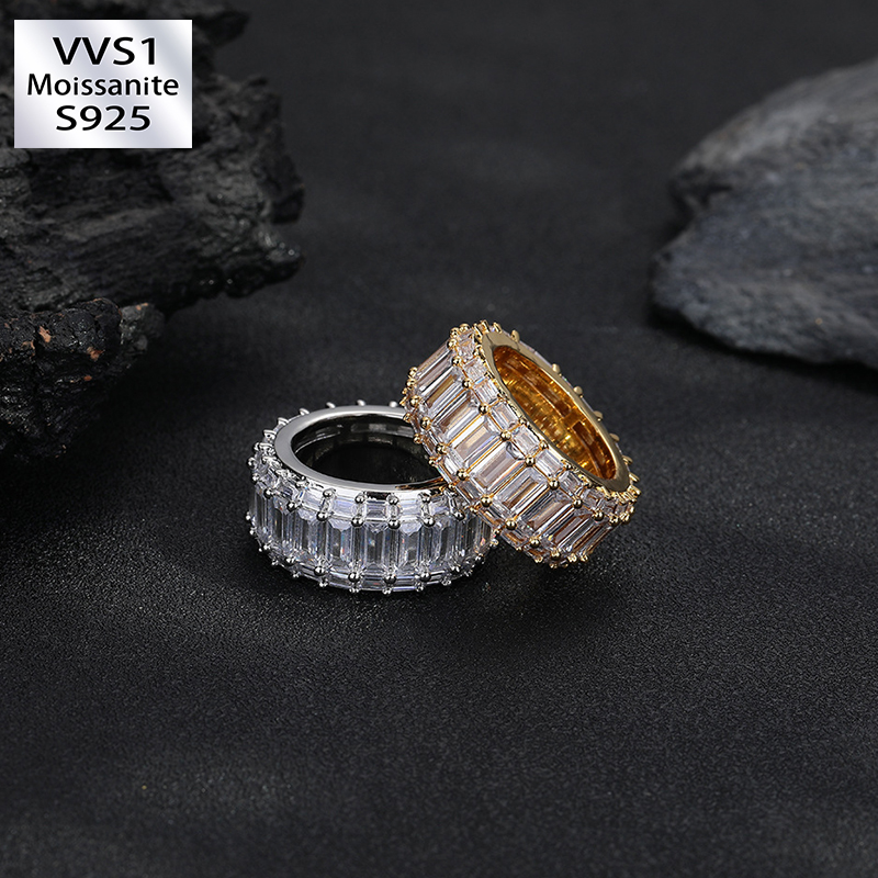 Moissanite Three Row T-Square Hip Hop Ring
