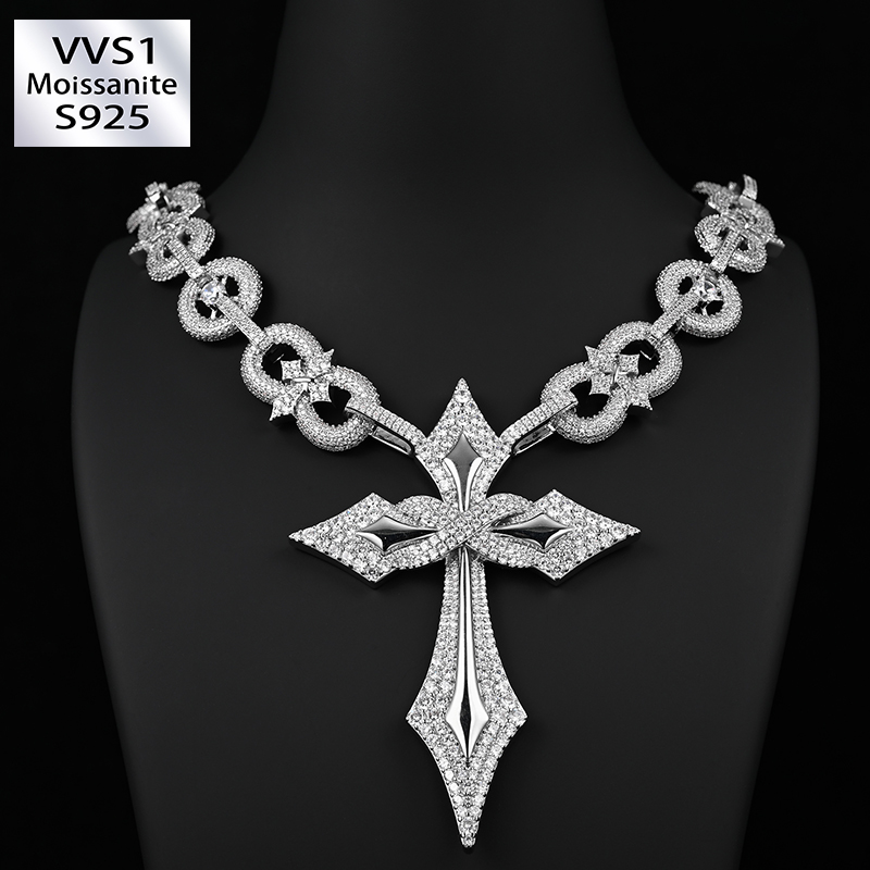 18mm Moissanite Hip-Hop Cross Set Cuban Chain