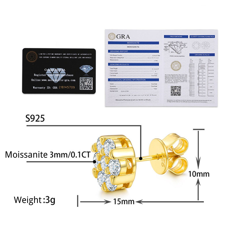  925 Sterling Silver VVS1 Moissanite Cluster Hexagon Earrings