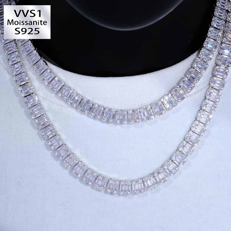13mm Moissanite Square Baguette Tennis Chain White Gold