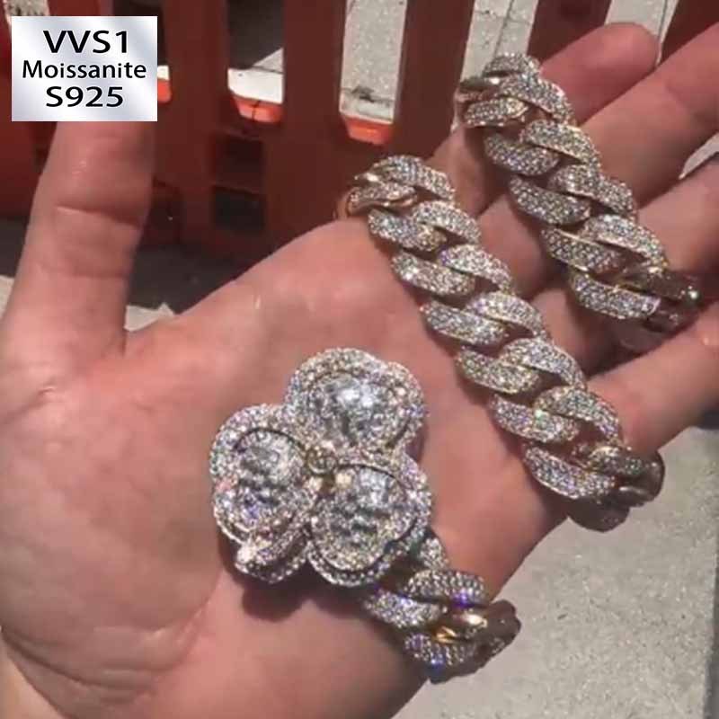 18mm Clover Design Moissanite Cuban Chain 