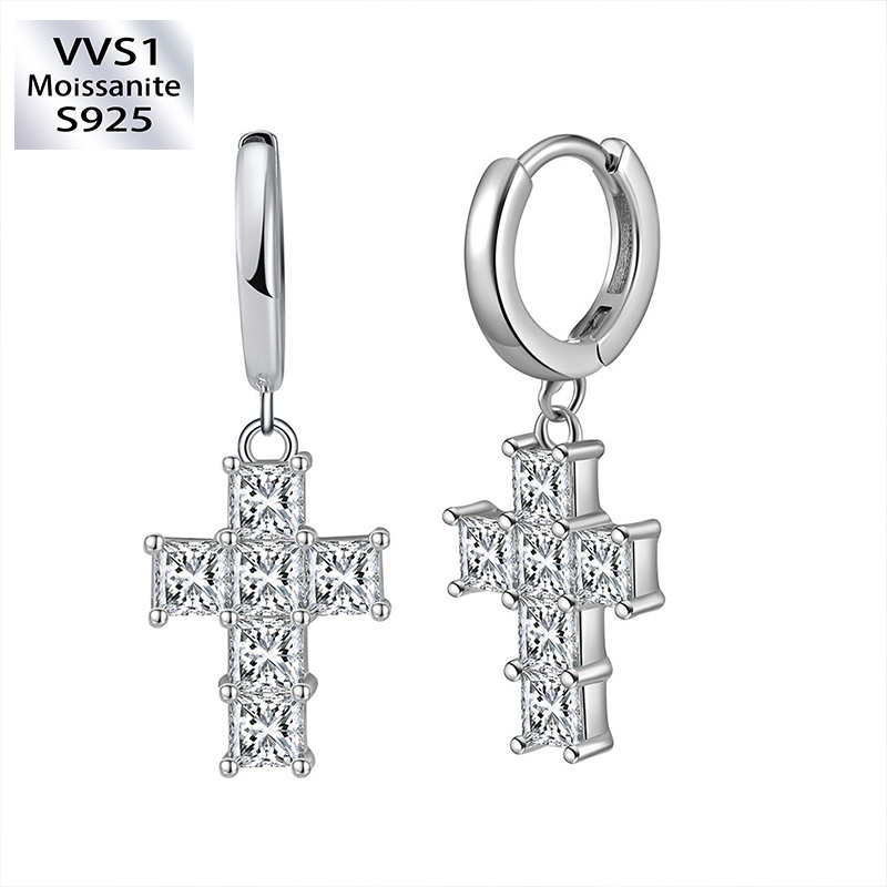 White Gold Moissanite Snake Hoop Dangle Cross Earrings
