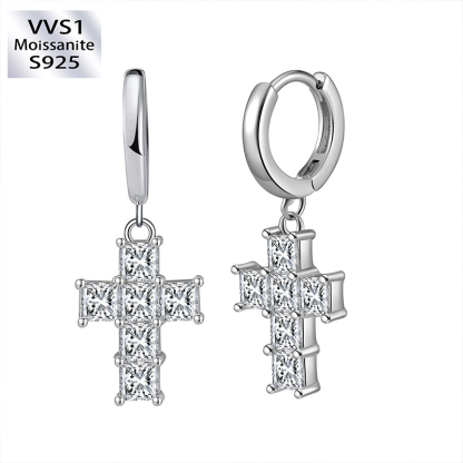 White Gold Moissanite Snake Hoop Dangle Cross Earrings