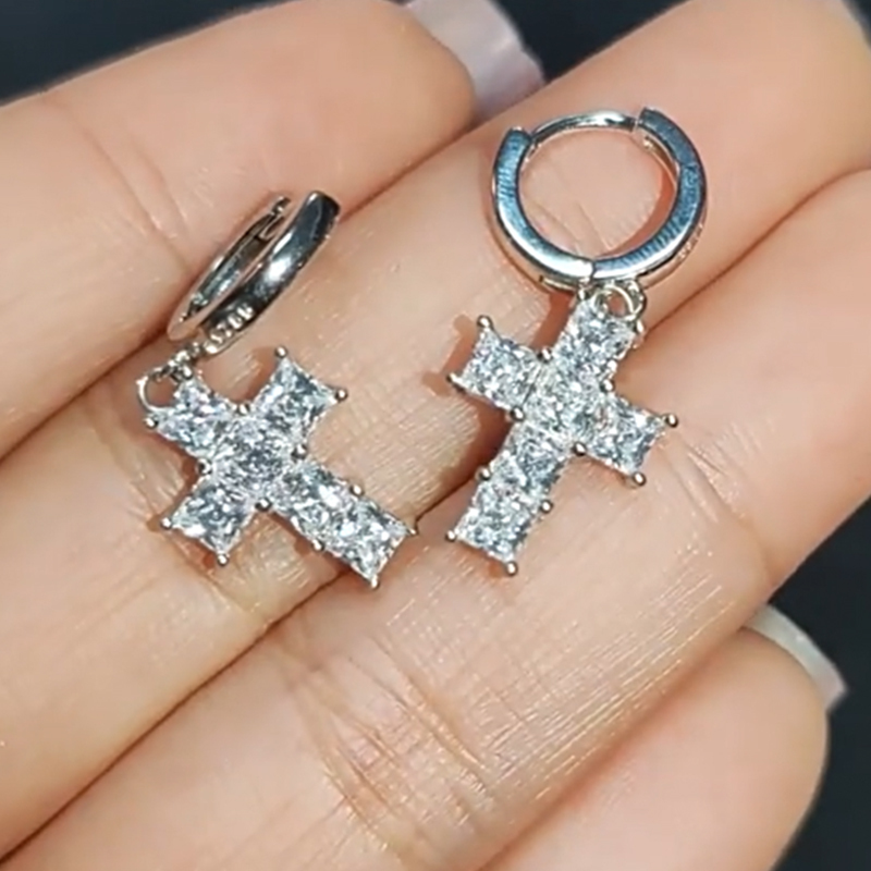 White Gold Moissanite Snake Hoop Dangle Cross Earrings