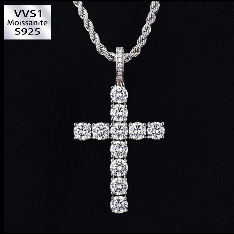 Iced Out Mens Cross Moissanite Pendant in White Gold