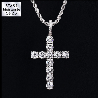 Iced Out Mens Cross Moissanite Pendant in White Gold