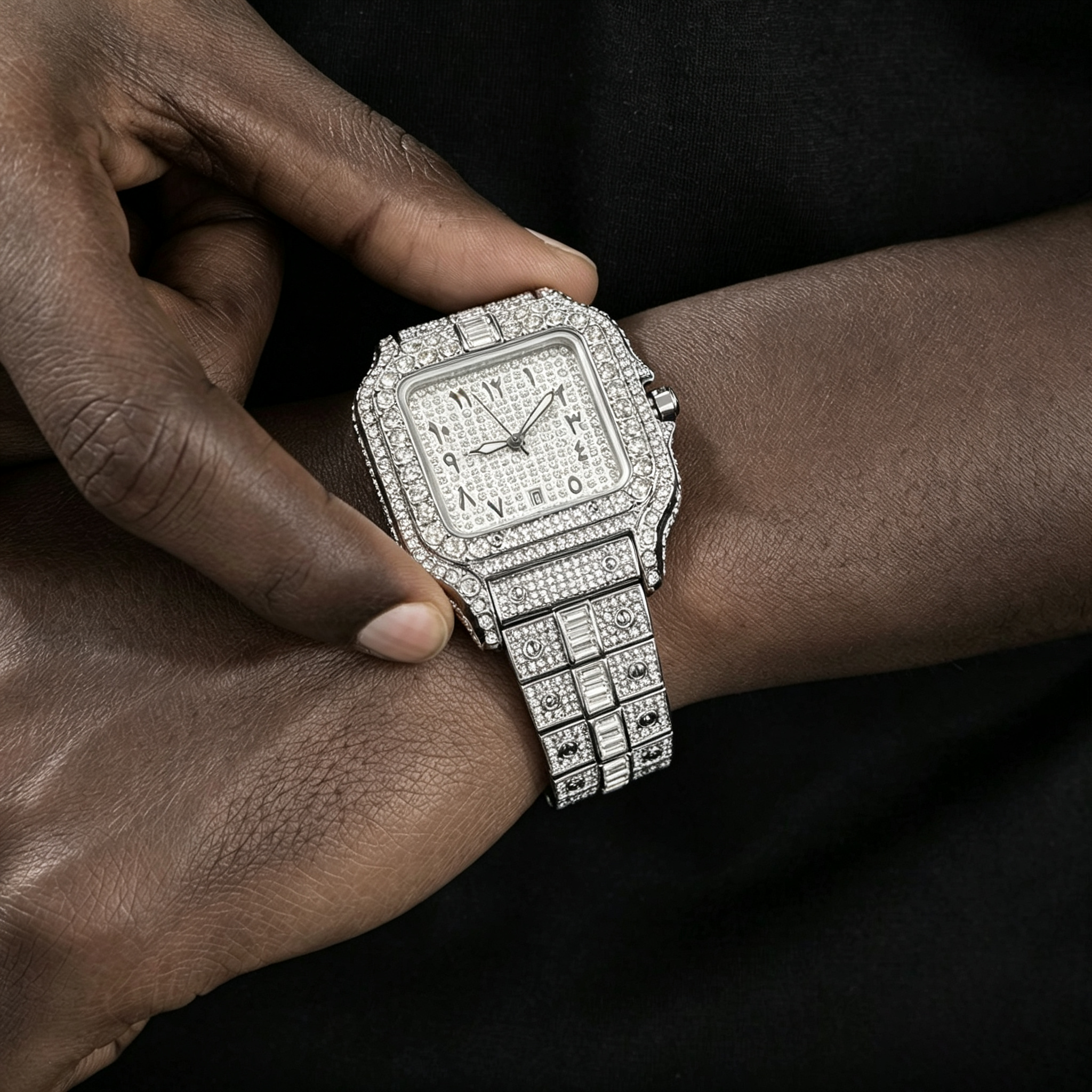 Square Moissanite Unique Arabic Numerals Watch  Setting