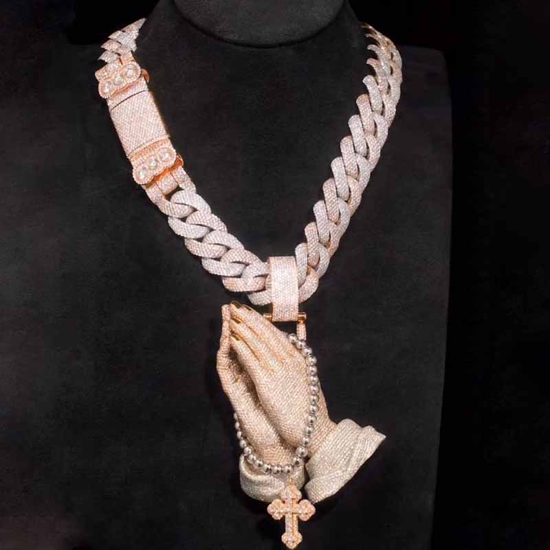 New Moissanite Praying Hands Cross Pendant