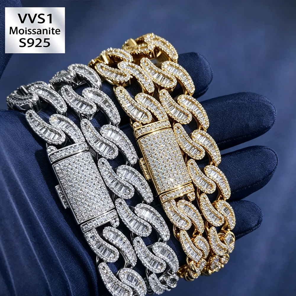15mm S925 Silver Moissanite Baguette Cuban Chain