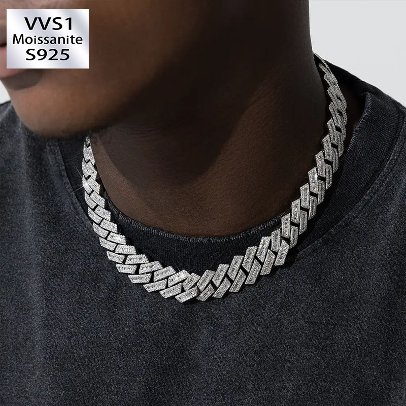 19mm Miami Moissanite Diamond Baguette Chain In White Gold