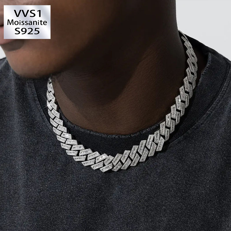 19mm Miami Moissanite Diamond Baguette Chain In White Gold