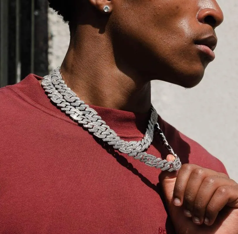 15mm Moissanite Prong Baguette Cuff Chain White Gold