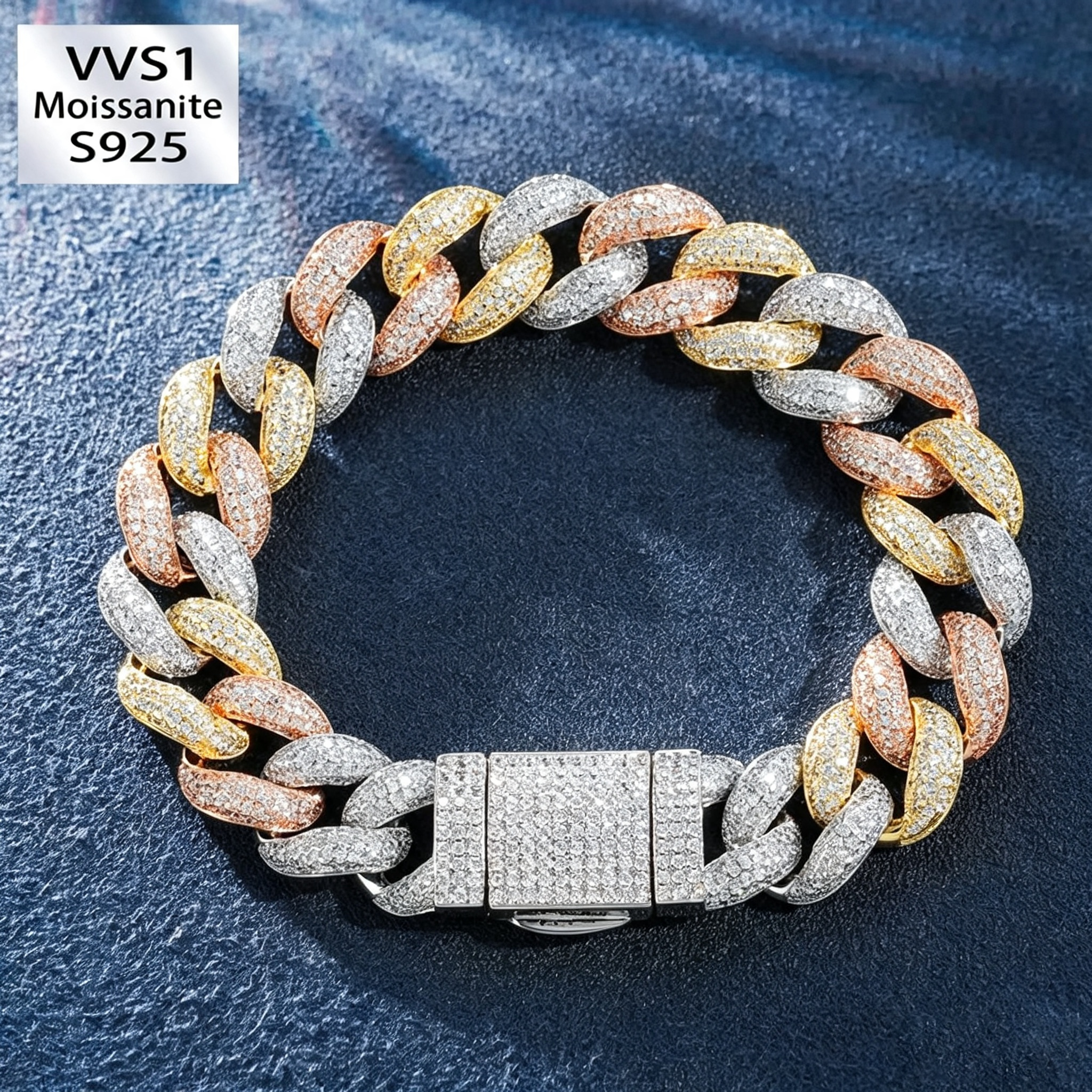15mm S925 Moissanite Tri-Color Cuban Bracelet