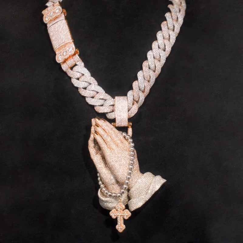 New Moissanite Praying Hands Cross Pendant