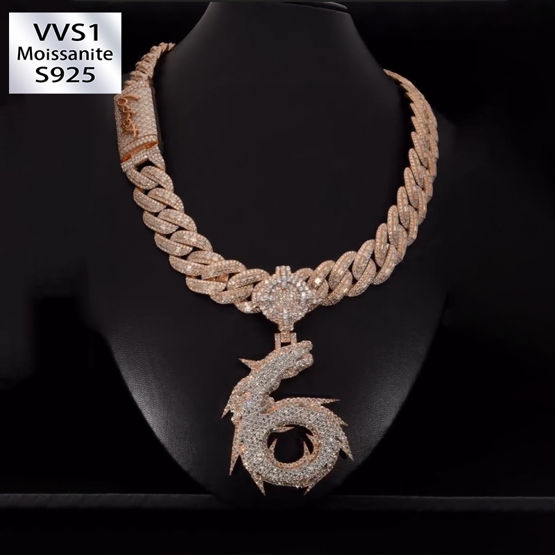 Moissanite Number 6 Pendant Set (18mm Cuban Chain)