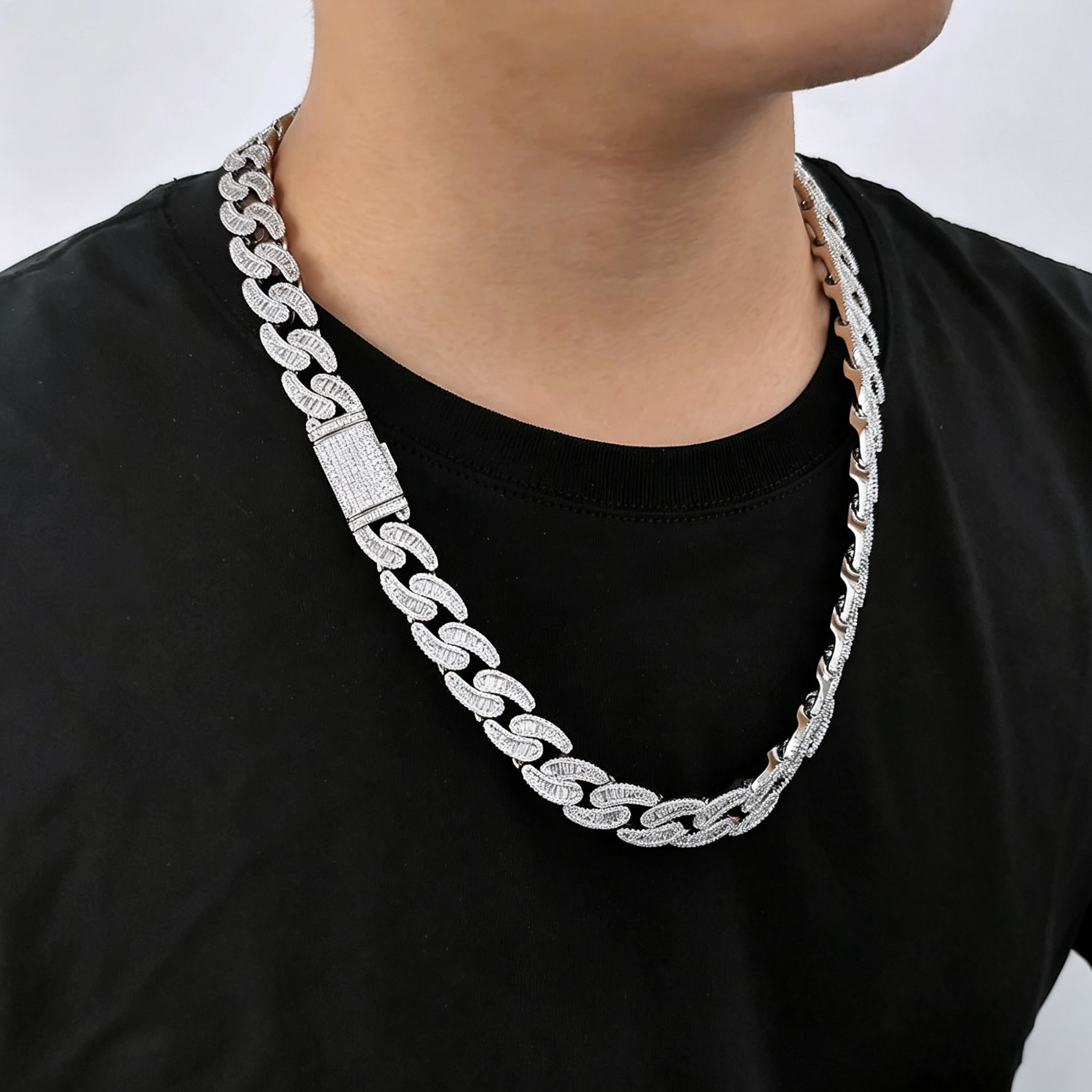 15mm S925 Silver Moissanite Baguette Cuban Chain