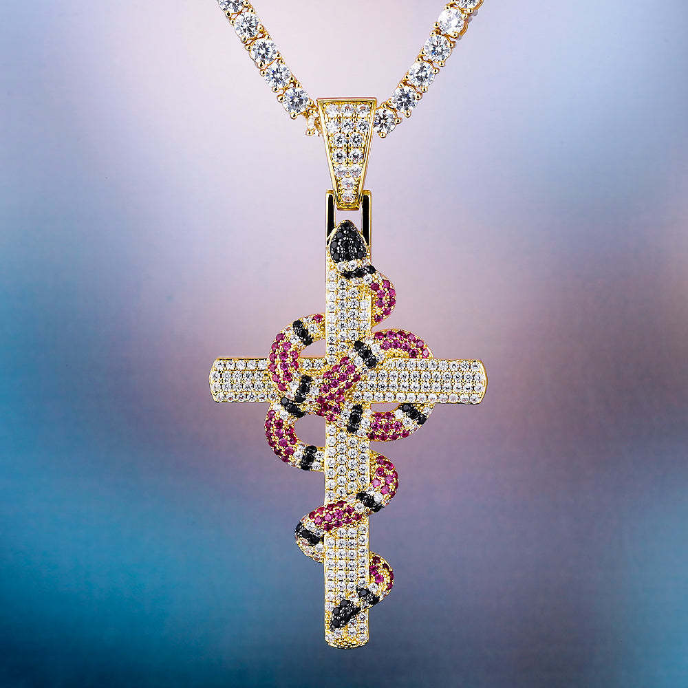 Iced Out Mens Cross Nacklace with Coral Snake Twist Pendant in 14K Gold