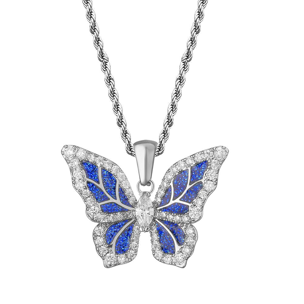 Iced Out Moissanite Blue Butterfly Pendant