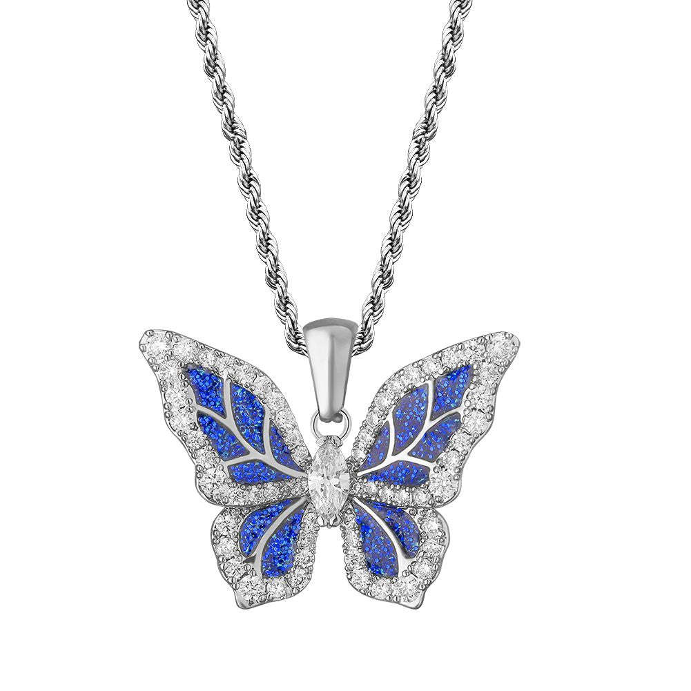 Iced Out Moissanite Blue Butterfly Pendant