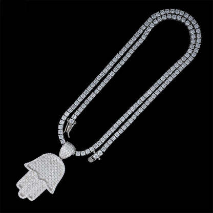 S925 Silver Moissanite Hamsa Hand Pendant Tennis Chain Set