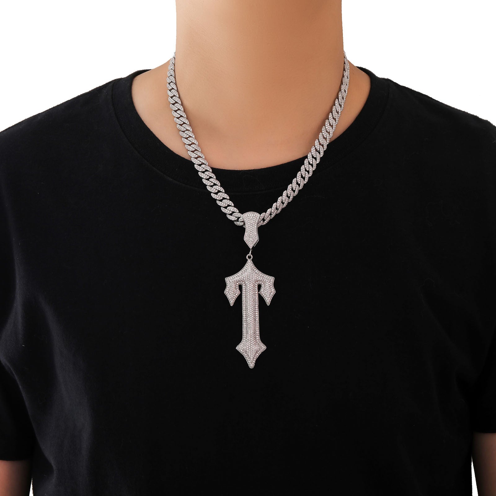 Ice Out Great Sword Cross Moissanite Pendant Chain Set