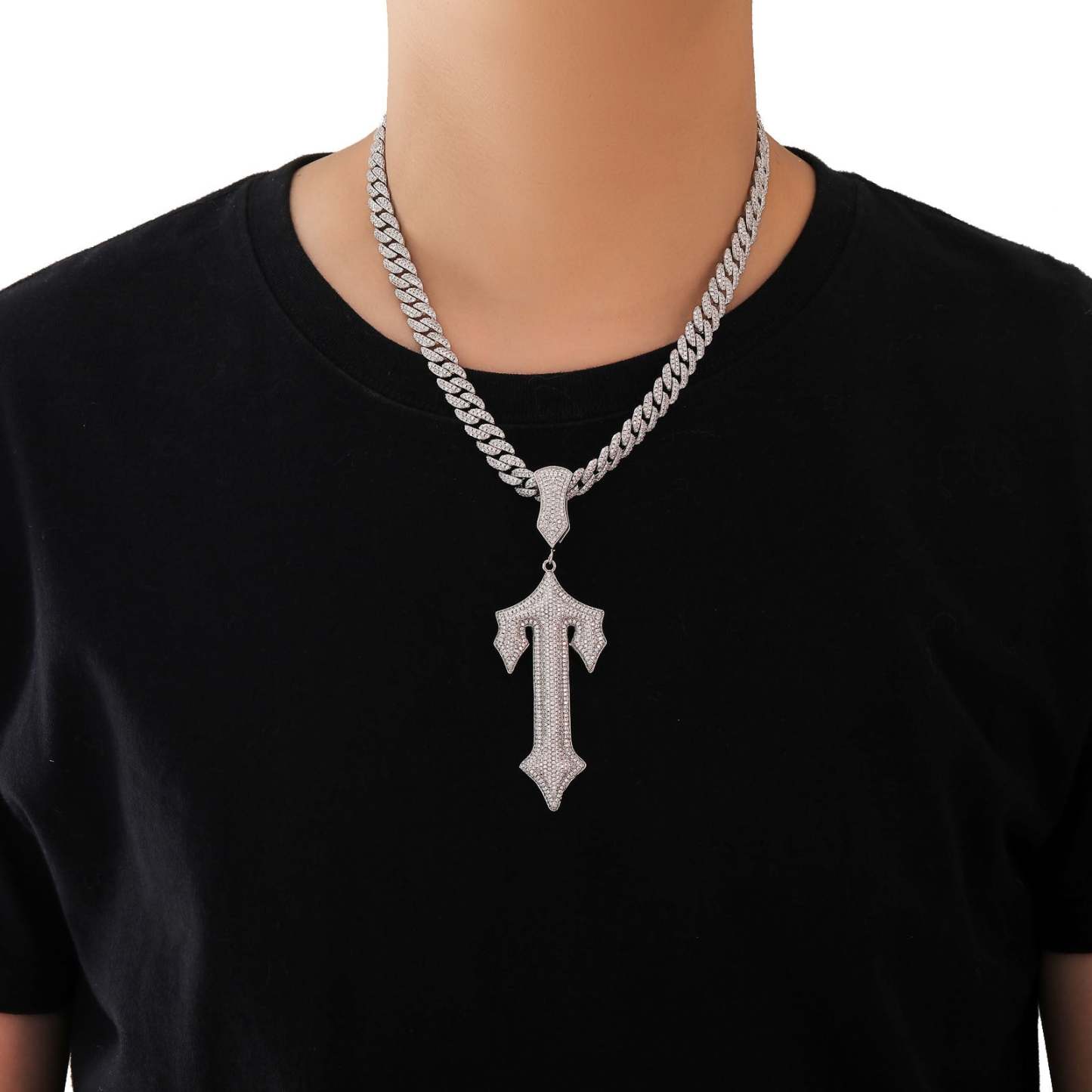 Ice Out Great Sword Cross Moissanite Pendant Chain Set