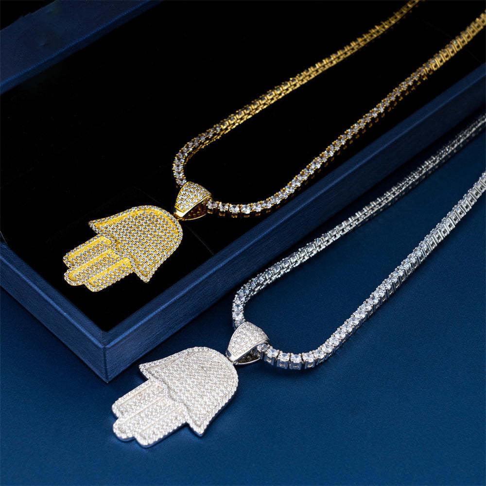 S925 Silver Moissanite Hamsa Hand Pendant Tennis Chain Set