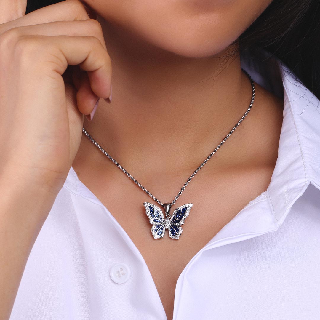 Iced Out Moissanite Blue Butterfly Pendant