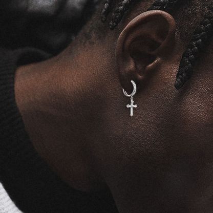 Iced Out Hoop Earrings for Men with Diamond Dangle Cross