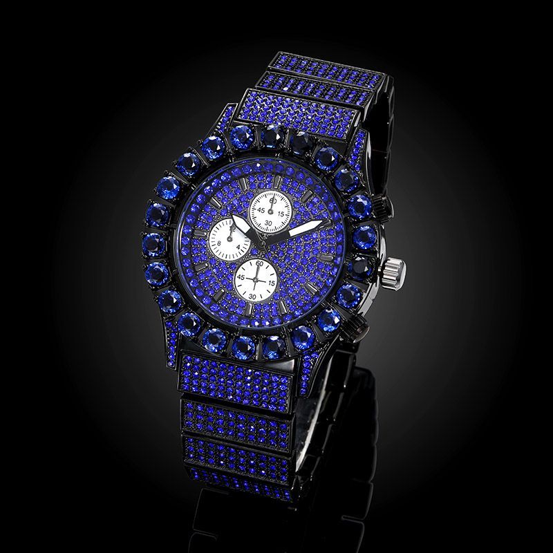 Iced Sapphire Round Cut Luminous Men's Watch in Black Gold