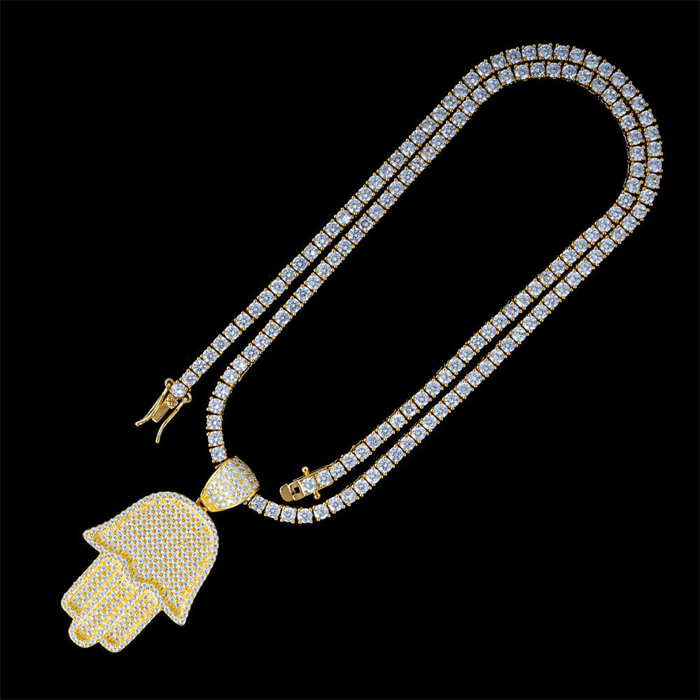S925 Silver Moissanite Hamsa Hand Pendant Tennis Chain Set