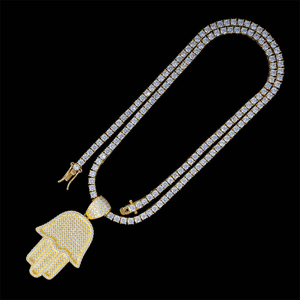 S925 Silver Moissanite Hamsa Hand Pendant Tennis Chain Set