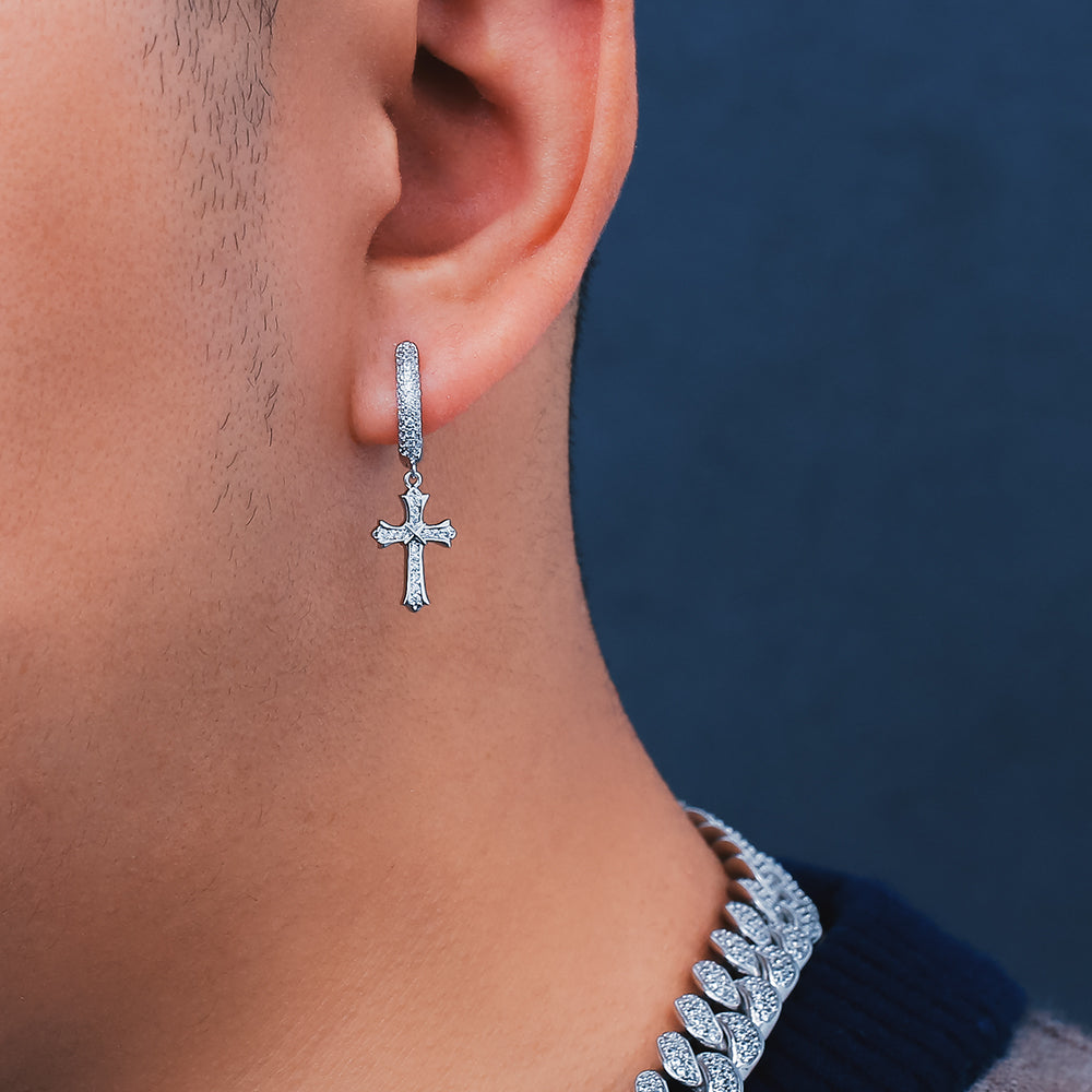 Gold Hoop Earrings for Men with CZ Dangle Cross KRKC