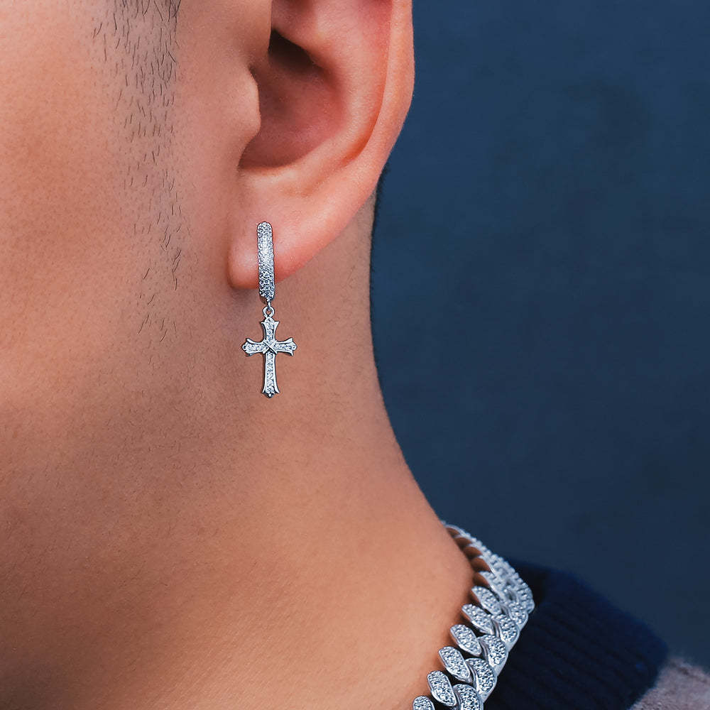 Gold Hoop Earrings for Men with CZ Dangle Cross KRKC