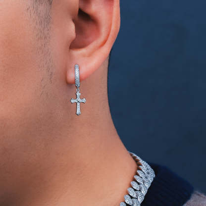 Gold Hoop Earrings for Men with CZ Dangle Cross KRKC