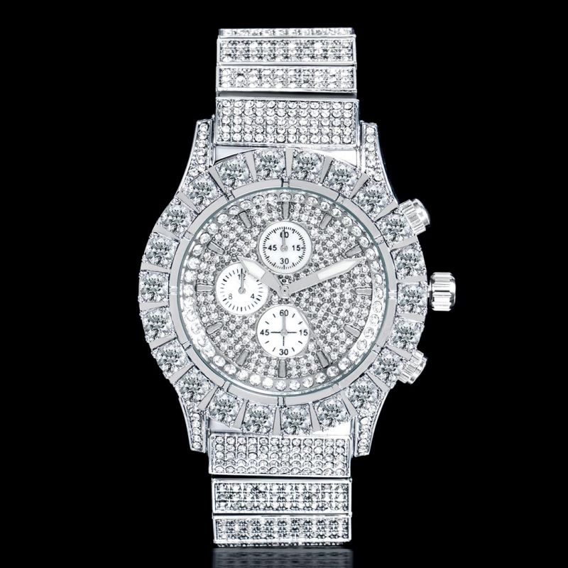 Iced Round Cut Luminous Men's Watch in White Gold