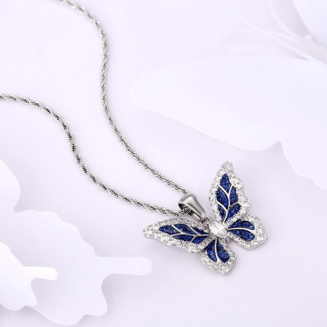 Iced Out Moissanite Blue Butterfly Pendant
