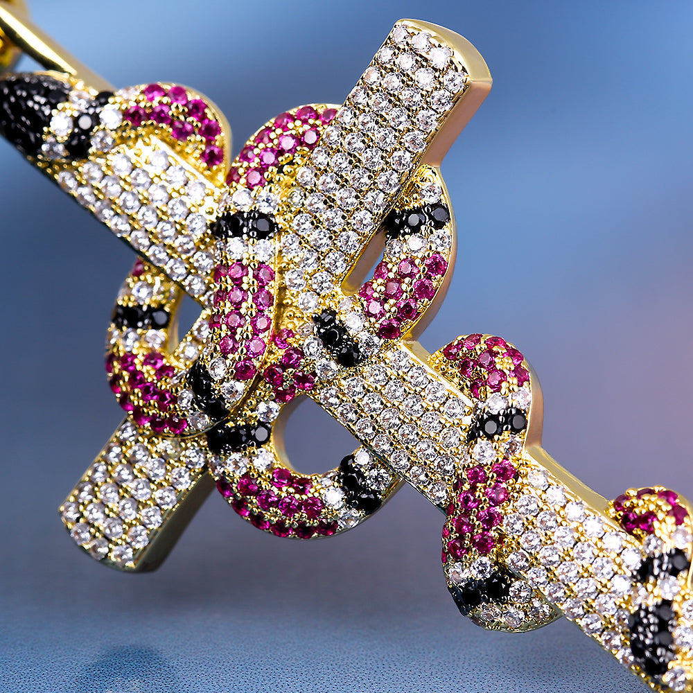 Iced Out Mens Cross Nacklace with Coral Snake Twist Pendant in 14K Gold