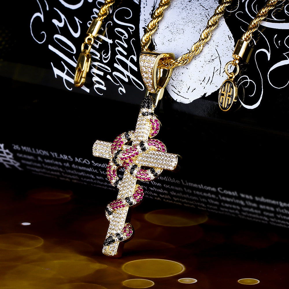 Iced Out Mens Cross Nacklace with Coral Snake Twist Pendant in 14K Gold