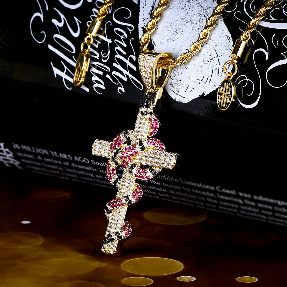 Iced Out Mens Cross Nacklace with Coral Snake Twist Pendant in 14K Gold