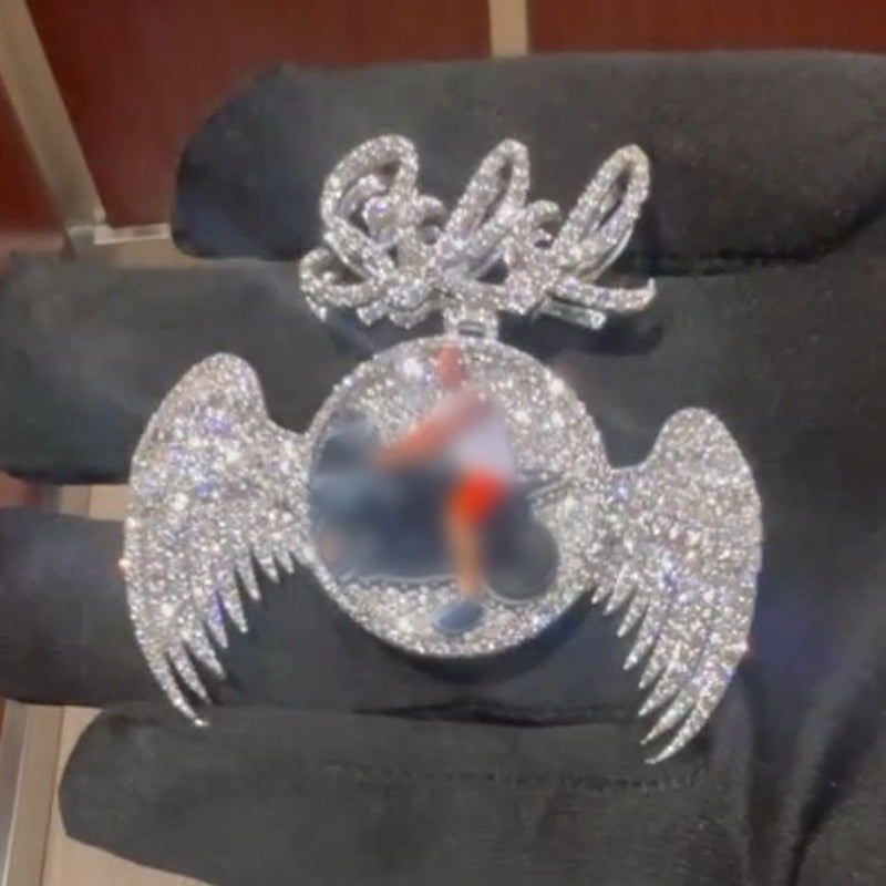 Moissanite Art Letter Buttons can be Customized Photo Wings Round Pendant