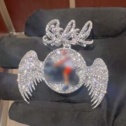 Moissanite Art Letter Buttons can be Customized Photo Wings Round Pendant