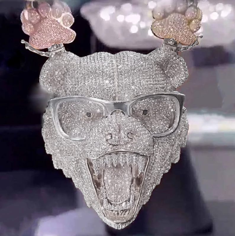 3-D S925 Moissanite Diamond Wearing Glasses Bear Pendant Set