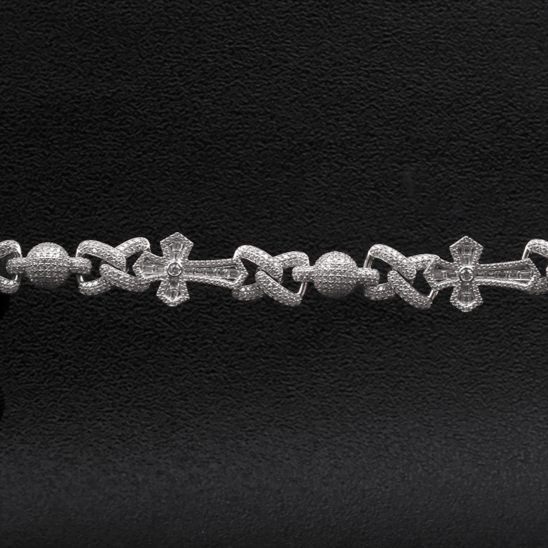 Iced Out Moissanite Cross & Round Ball Bracelet