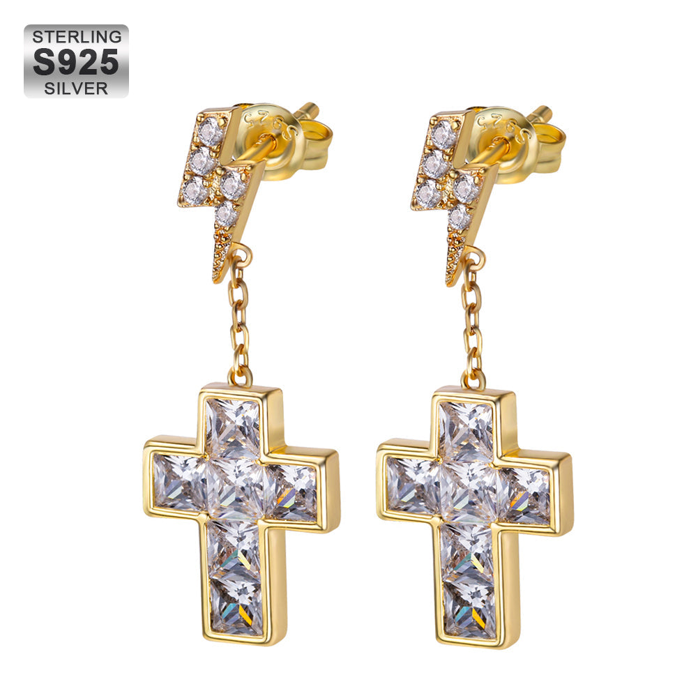 Diamond Stud Earrings for Men with Gold Cross in 14K Gold