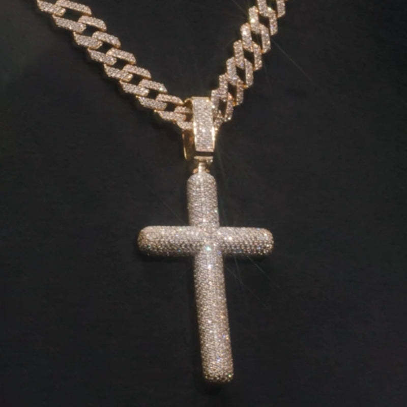Moissanite Cross Pendant Cuban Chain Set