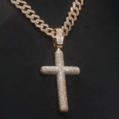 Moissanite Cross Pendant Cuban Chain Set